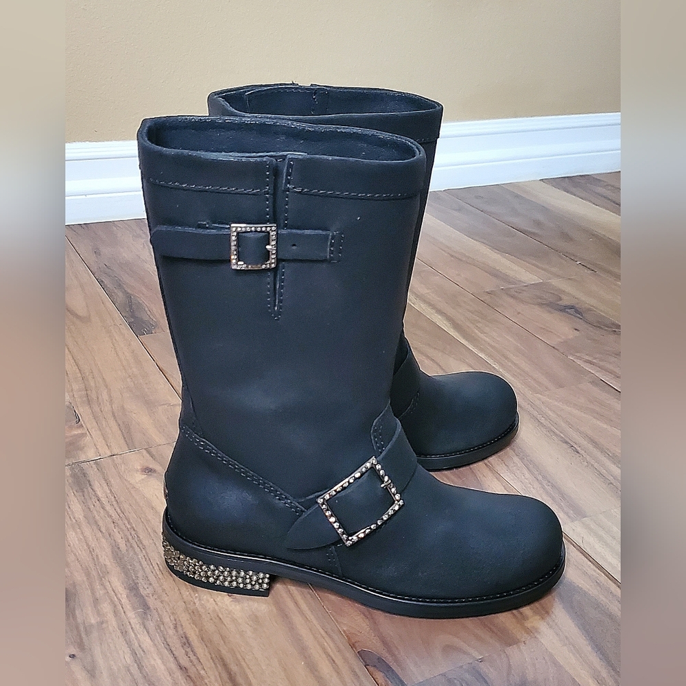 Jimmy Choo Brushed Suede Combat Boots with Crystals, Size 36½